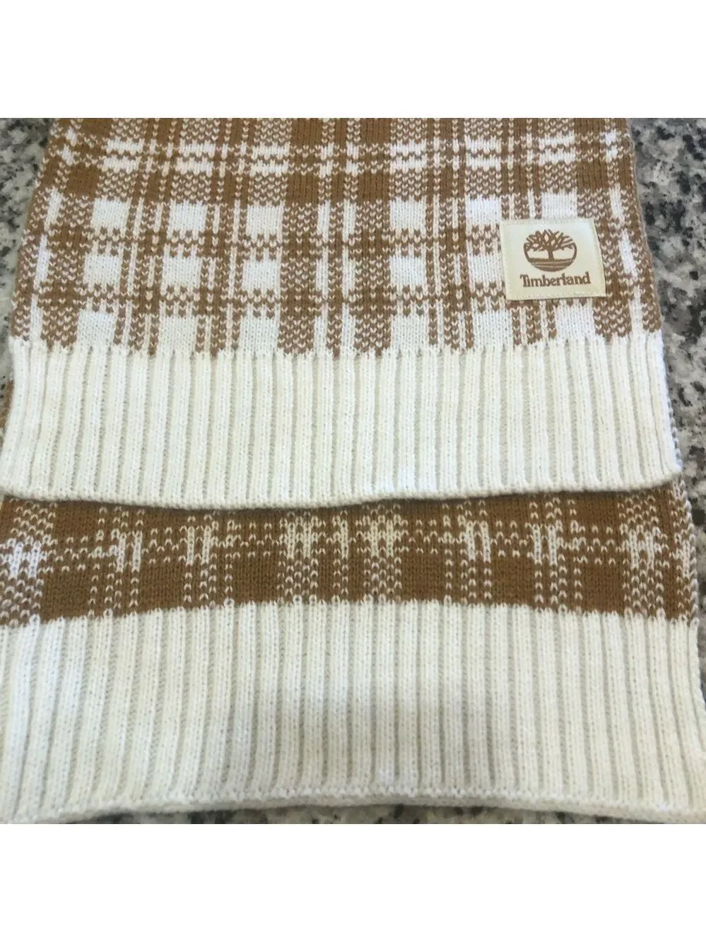 Timberland knit neck scarf. Caramel and white plaid. NWT